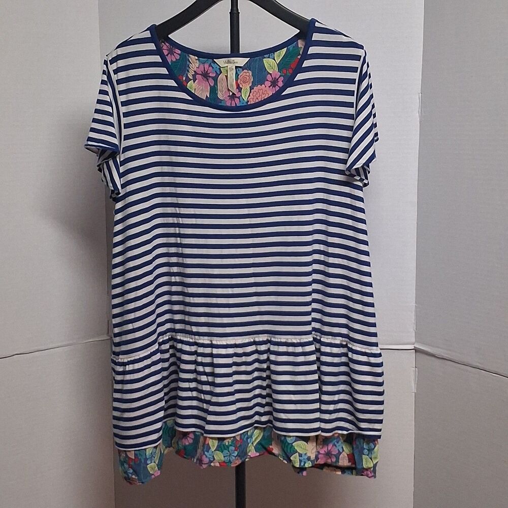 Matilda Jane Navigator Top Shirt XXL Blue White Stripe Floral Peplum